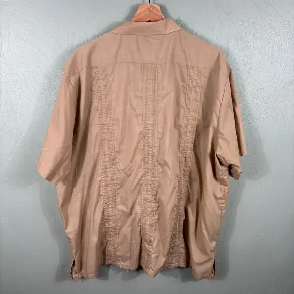 Haband Guayabera Men XL Brown Full Zip Floral Embroider Tropical Caribbean Shirt - Picture 6 of 7